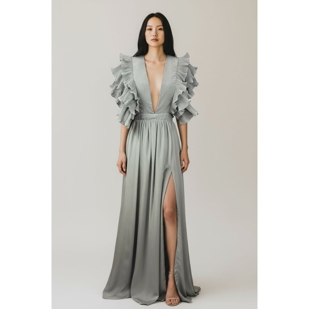 NEW TRUE DECADENSE Womens Sz 10 Gray Cap Ruffle Sleeve V-Neck Evening Maxi Gown